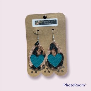 Hand made Leopard and Teal Faux Leather Earrings